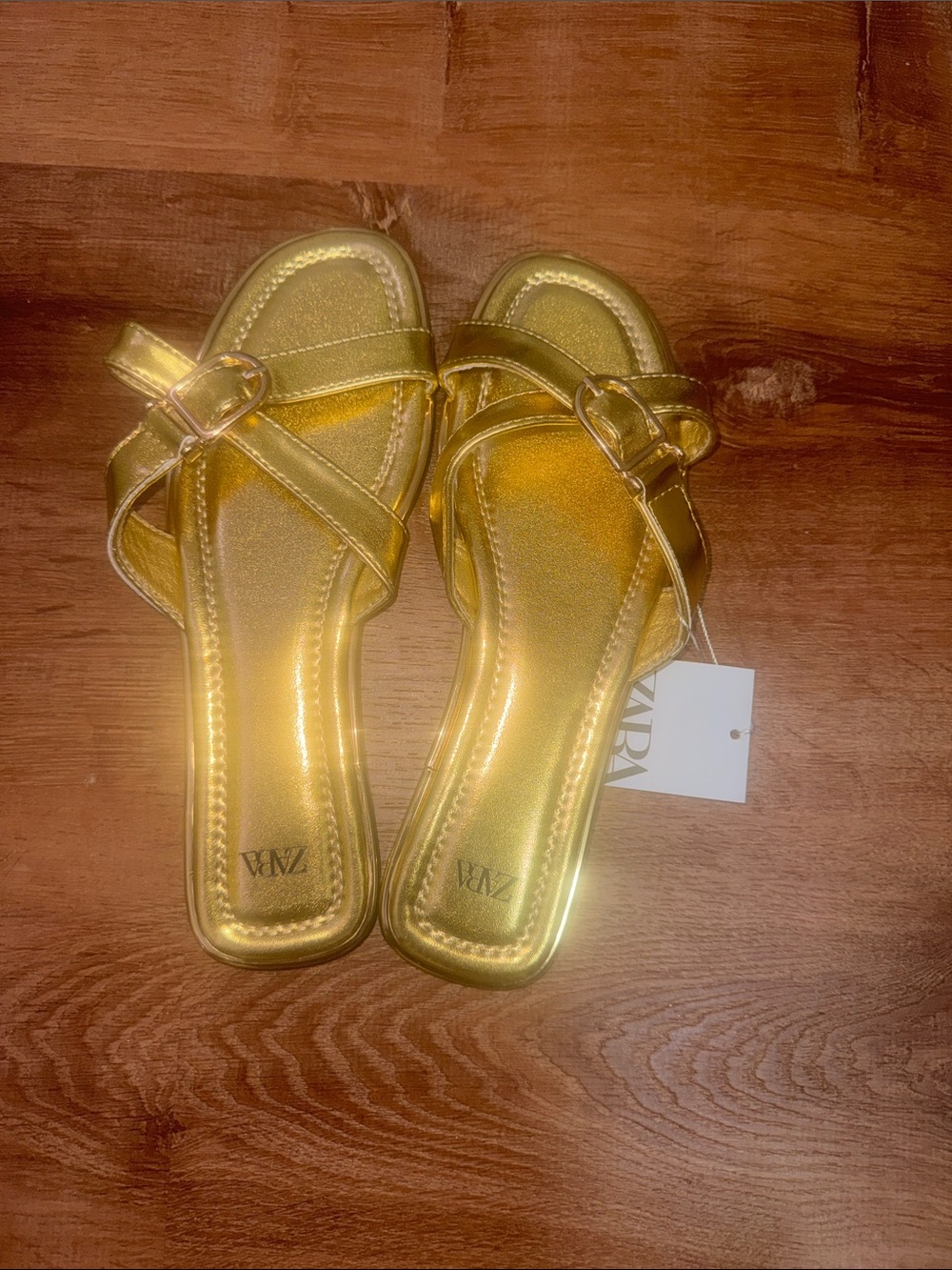 NWT Zara Metallic Gold Strappy Criss Cross Buckle Flat Sandals